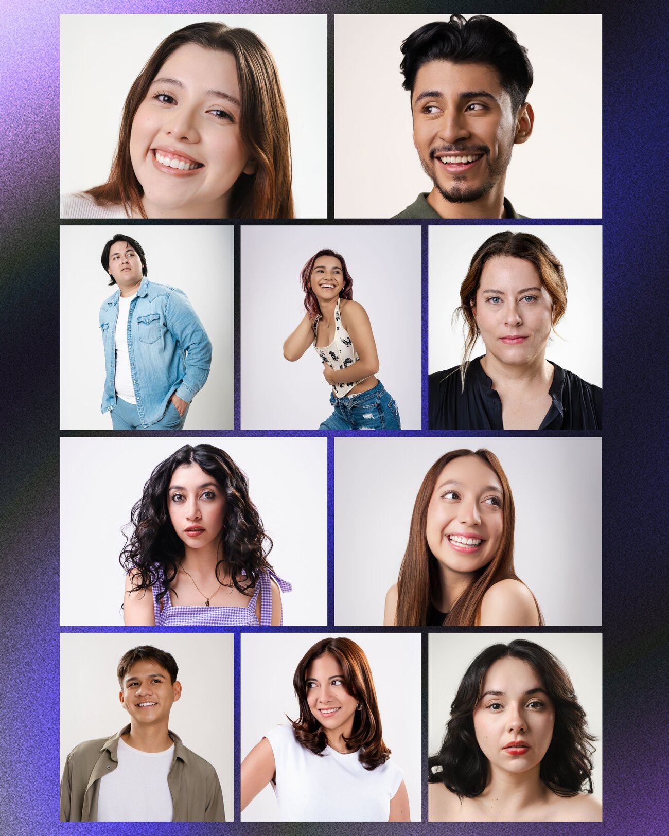 Mosaico de retratos de actores con grano morado — galería curada Monty Experience